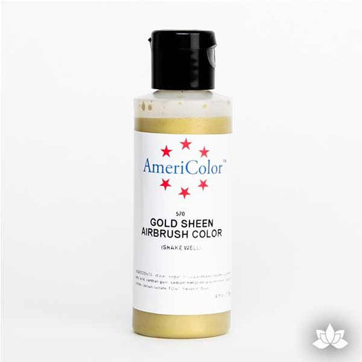 Gold Sheen AmeriMist Air Brush Color 4.5 oz is a highly concentrated air brush color perfect for coloring non-dairy whipped icing, toppings, rolled fondant, gum paste flowers, and buttercream. Wholesale edible air brush color.