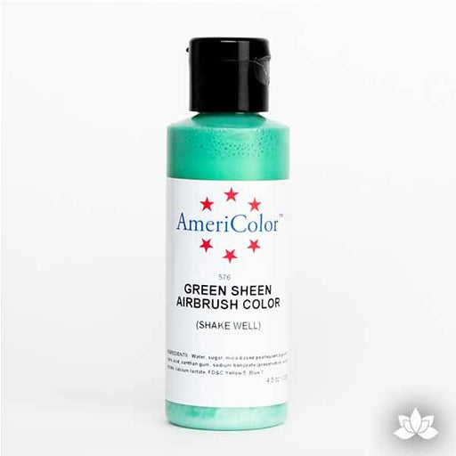 Green Sheen AmeriMist Air Brush Color 4.5 oz is a highly concentrated air brush color perfect for coloring non-dairy whipped icing, toppings, rolled fondant, gum paste flowers, and buttercream. Wholesale edible air brush color.