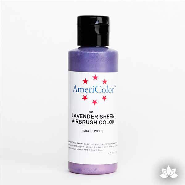 Lavender Sheen AmeriMist Air Brush Color 4.5 oz is a highly concentrated air brush color perfect for coloring non-dairy whipped icing, toppings, rolled fondant, gum paste flowers, and buttercream. Wholesale edible air brush color.