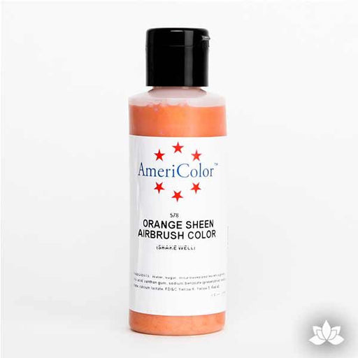 Orange Sheen AmeriMist Air Brush Color 4.5 oz is a highly concentrated air brush color perfect for coloring non-dairy whipped icing, toppings, rolled fondant, gum paste flowers, and buttercream. Wholesale edible air brush color.