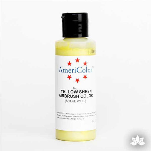 Yellow Sheen AmeriMist Air Brush Color 4.5 oz is a highly concentrated air brush color perfect for coloring non-dairy whipped icing, toppings, rolled fondant, gum paste flowers, and buttercream. Wholesale edible air brush color.