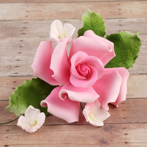 Pink Rose Sugarflower Spray gumpaste cake topper perfect for cake decorating fondant cakes and wedding cakes.  Wholesale bakery supply.