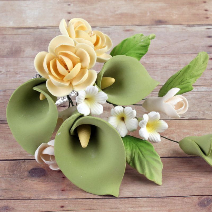 Yellow Rose Sugarflower Spray gumpaste cake topper perfect for cake decorating fondant cakes and wedding cakes.  Wholesale bakery supply.