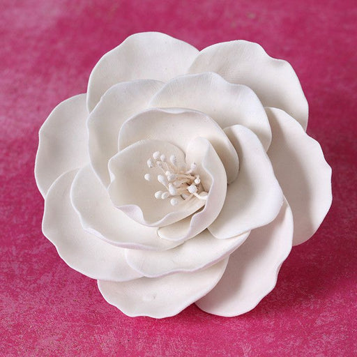 Medium White Gumpaste Briar Rose handmade cake decoration.