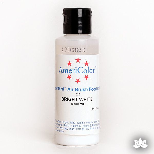 Bright White AmeriMist Air Brush Color 4.5 oz is a highly concentrated air brush color perfect for coloring non-dairy whipped icing, toppings, rolled fondant, gum paste flowers, and buttercream. Wholesale edible air brush color.