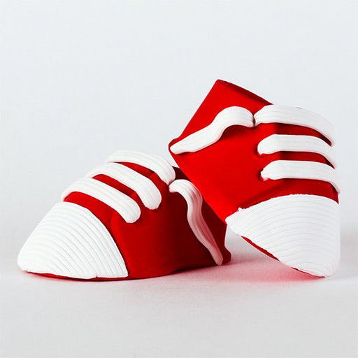 Edible Red All-Star Baby Shoes (Sneakers) handmade from fondant. Mini handmade fondant baby shoes perfect for cake decorating baby shower cakes easily. Works with Cake decorating baby shower cupcakes. Baby shoe