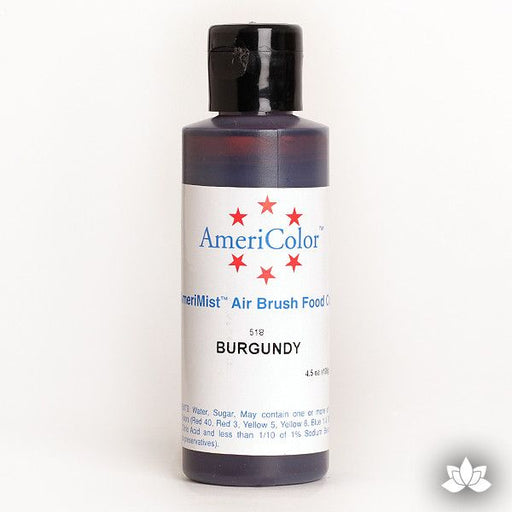 Burgundy AmeriMist Air Brush Color 4.5 oz is a highly concentrated air brush color perfect for coloring non-dairy whipped icing, toppings, rolled fondant, gum paste flowers, and buttercream. Wholesale edible air brush color.