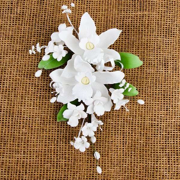 Double Tropical Orchid Sprays in White are gumpaste sugarflower cake decorations perfect as cake toppers for cake decorating fondant cakes and wedding cakes. Caljava wholesale cake supply.