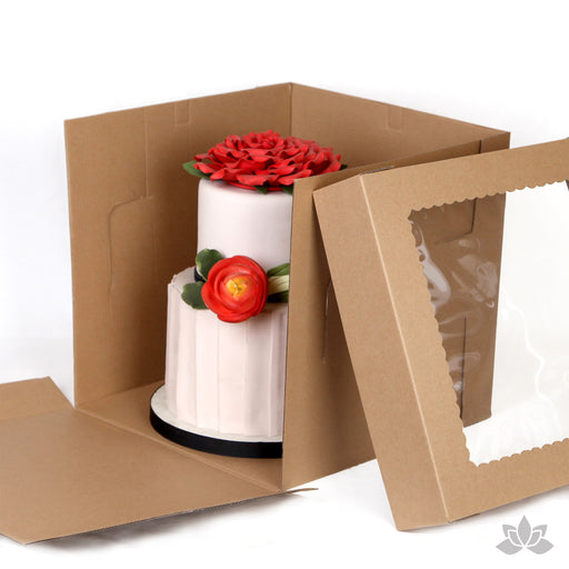 Transport your two tiered or 3D cakes safely with a Tall 12" Window Cake Box. Disposable Cake Box.