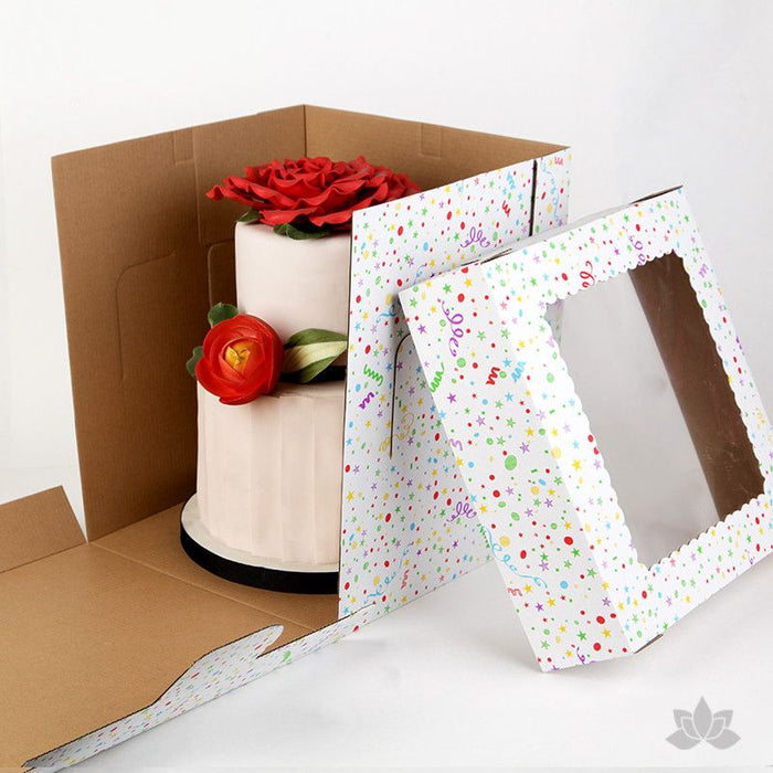 Transfer your two tiered or 3D cakes safely with a Tall 12" Window Cake Box in fun Confetti print