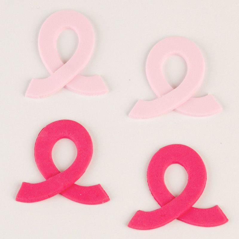 Pink Gumpaste Breast Cancer Ribbon Cake Decoration perfect for Cake Decorating rolled fondant cupcake cakes and rolled fondant birthday cakes.  Wholesale bakery supplies.