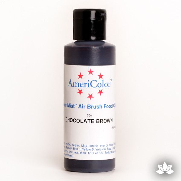 Chocolate Brown AmeriMist Air Brush Color 4.5 oz is a highly concentrated air brush color perfect for coloring non-dairy whipped icing, toppings, rolled fondant, gum paste flowers, and buttercream. Wholesale edible air brush color.