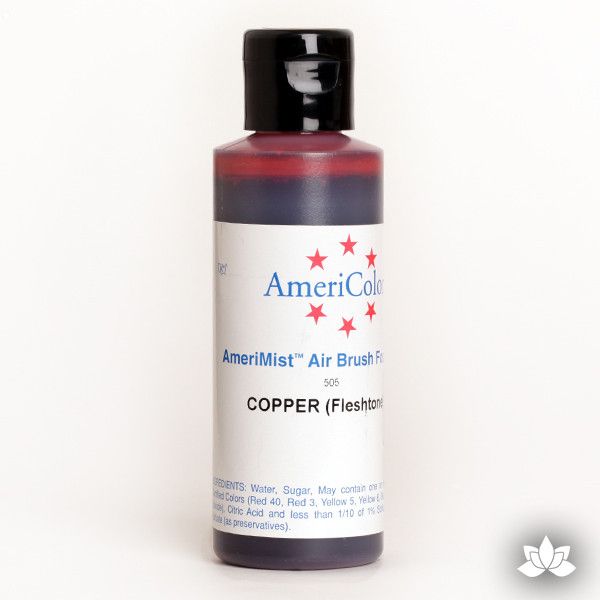 Copper AmeriMist Air Brush Color 4.5 oz is a highly concentrated air brush color perfect for coloring non-dairy whipped icing, toppings, rolled fondant, gum paste flowers, and buttercream. Wholesale edible air brush color.