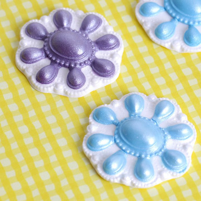 Blue and Purple Fondant Broaches perfect for cake decorating fondant wedding cakes and fondant birthday cakes and cupcakes.  Wholesale cake supply.