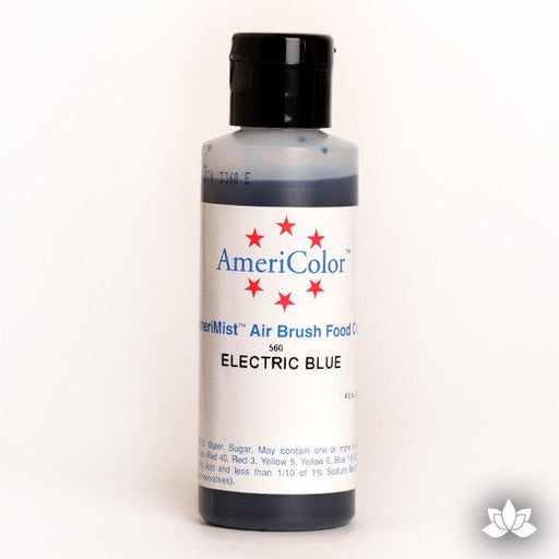 Electric Blue AmeriMist Air Brush Color 4.5 oz is a highly concentrated air brush color perfect for coloring non-dairy whipped icing, toppings, rolled fondant, gum paste flowers, and buttercream. Wholesale edible air brush color.