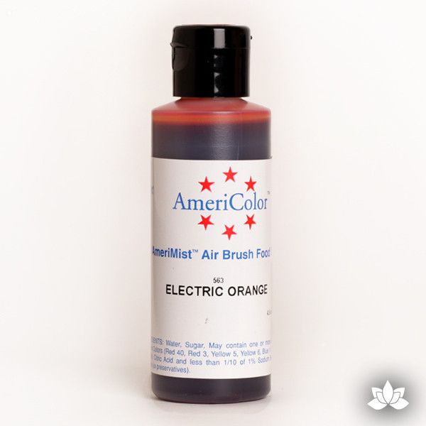 Electric Orange AmeriMist Air Brush Color 4.5 oz is a highly concentrated air brush color perfect for coloring non-dairy whipped icing, toppings, rolled fondant, gum paste flowers, and buttercream. Wholesale edible air brush color.