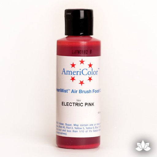 Electric Pink AmeriMist Air Brush Color 4.5 oz is a highly concentrated air brush color perfect for coloring non-dairy whipped icing, toppings, rolled fondant, gum paste flowers, and buttercream. Wholesale edible air brush color.