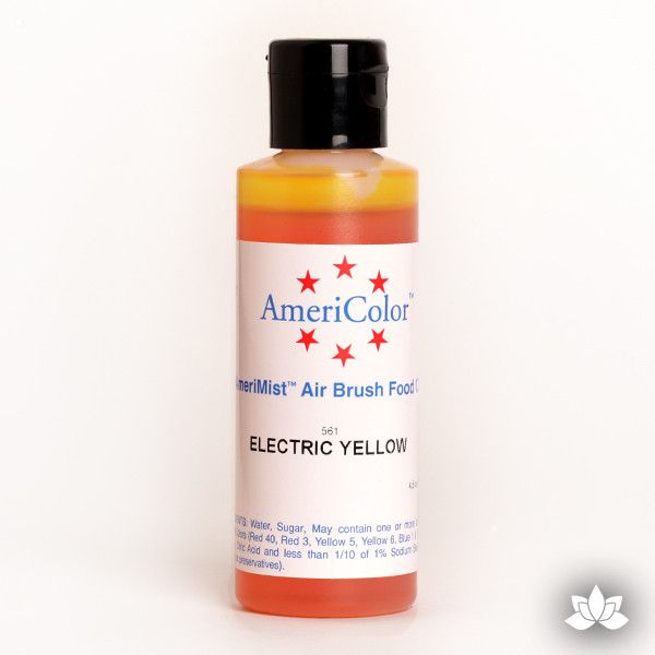 Electric Yellow AmeriMist Air Brush Color 4.5 oz is a highly concentrated air brush color perfect for coloring non-dairy whipped icing, toppings, rolled fondant, gum paste flowers, and buttercream. Wholesale edible air brush color.