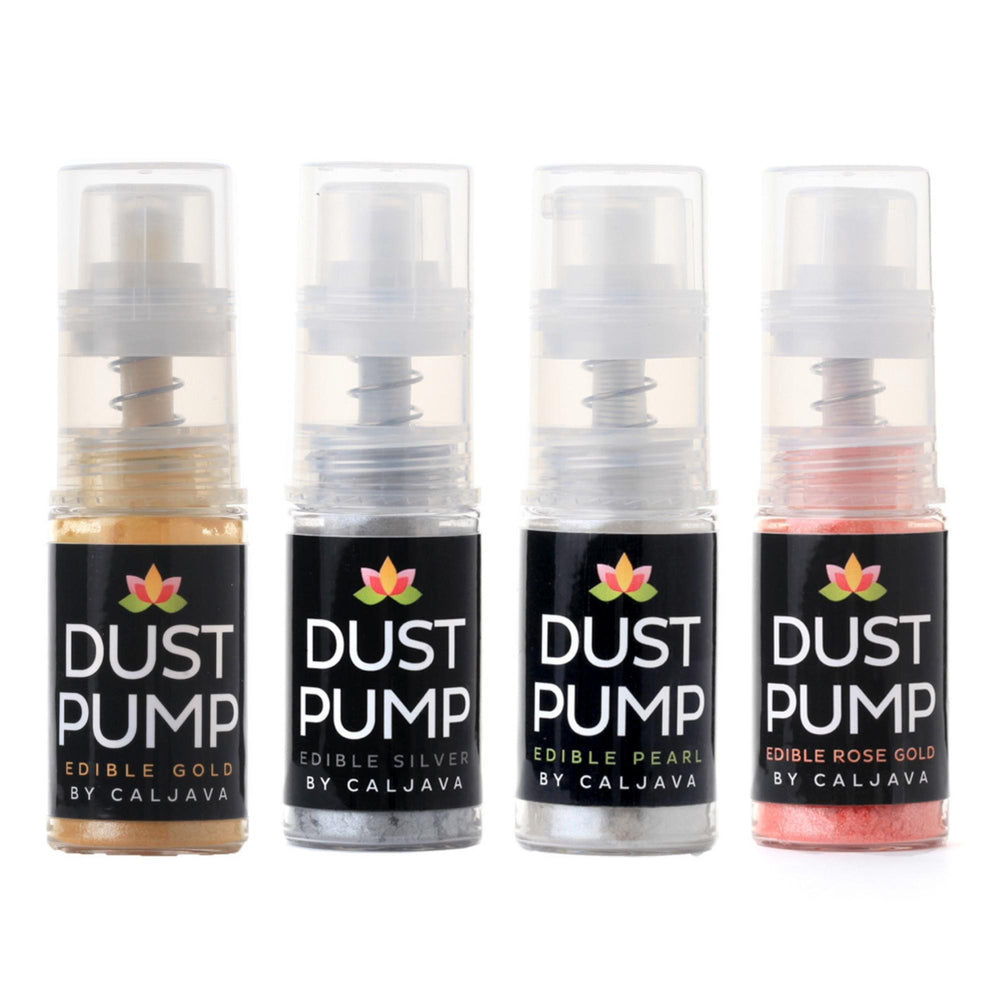 Edible luster dust pump spray used to add pearlescent shine to cakes, cupcakes, and professional bakery desserts by Caljava