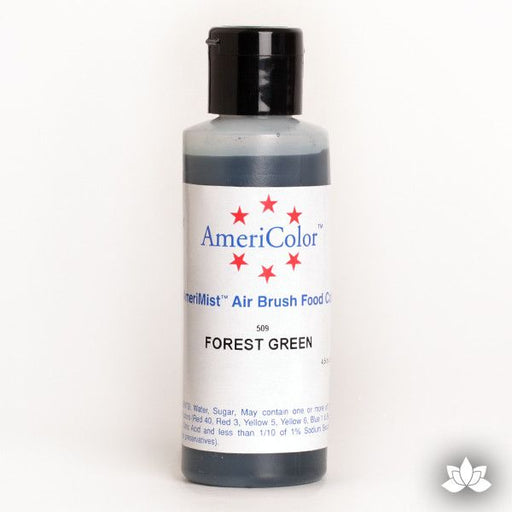 Forest Green AmeriMist Air Brush Color 4.5 oz is a highly concentrated air brush color perfect for coloring non-dairy whipped icing, toppings, rolled fondant, gum paste flowers, and buttercream. Wholesale edible air brush color.