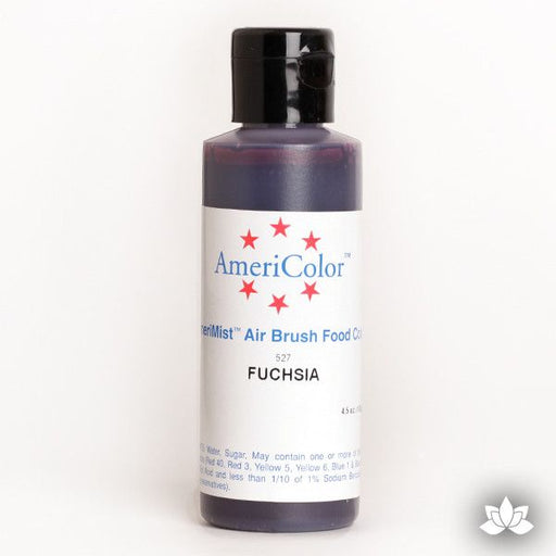 Fuchsia AmeriMist Air Brush Color 4.5 oz is a highly concentrated air brush color perfect for coloring non-dairy whipped icing, toppings, rolled fondant, gum paste flowers, and buttercream. Wholesale edible air brush color.