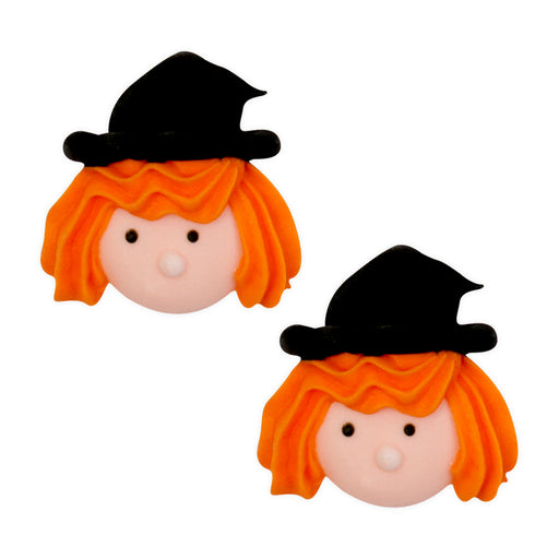 Halloween Witch Royal icing toppers ready to decorate cupcakes, cookies, chocolates, cakes, candy and more. Edible sugar toppers hand piped designs.