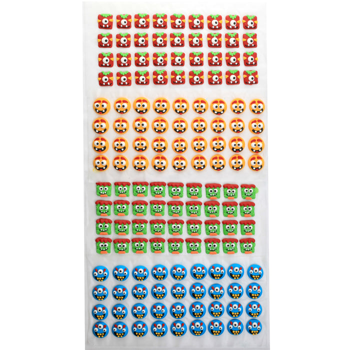 Royal Icing Toppers Monster Face Icing Decorations perfect for decorating cakes, cupcakes, cookies, candy and chocolates.  Product of Caljava