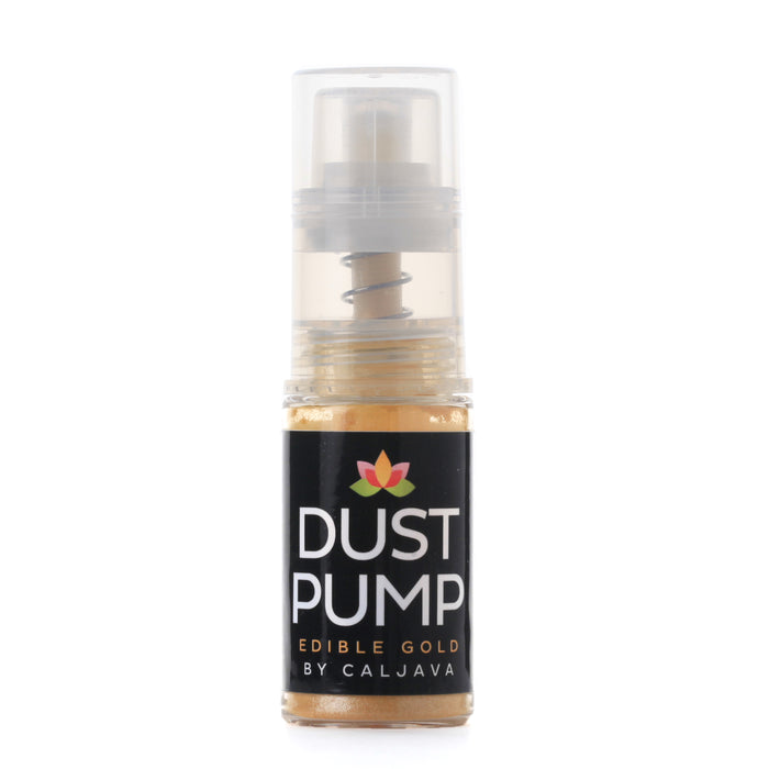 Gold edible luster dust pump spray applied to buttercream frosting for a smooth metallic finish