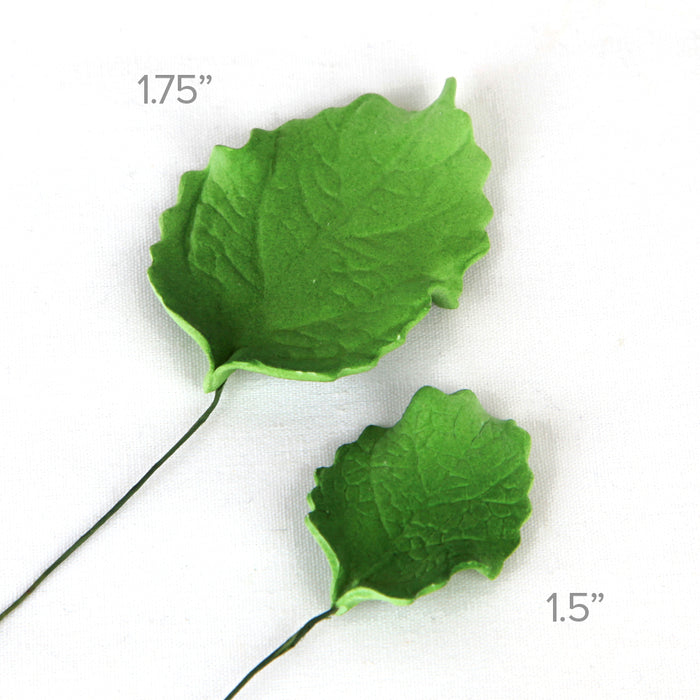 Close-up showing two sizes of green gum paste rose leaves with dimensions 2.5x1.75 inches and 1.5x1.25 inches with flexible wire stems. Wholesale sugarflowers. Wholesale cake supply.