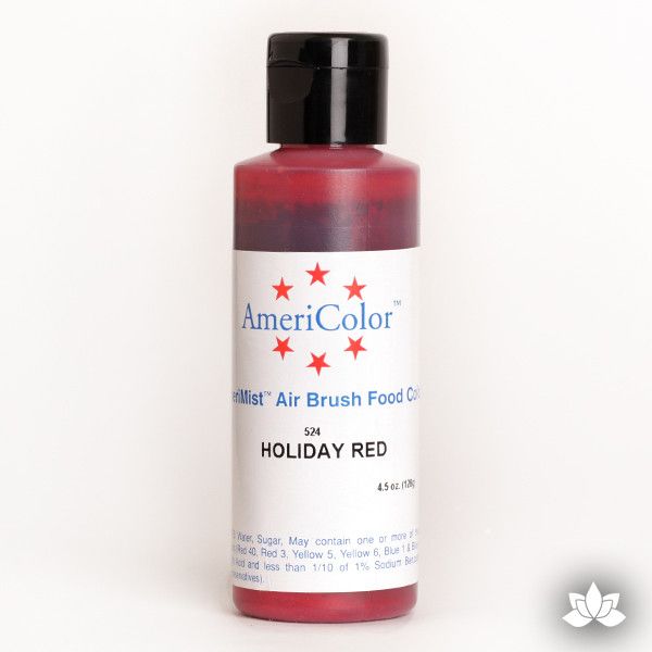 Holiday Red AmeriMist Air Brush Color 4.5 oz is a highly concentrated air brush color perfect for coloring non-dairy whipped icing, toppings, rolled fondant, gum paste flowers, and buttercream. Wholesale edible air brush color.