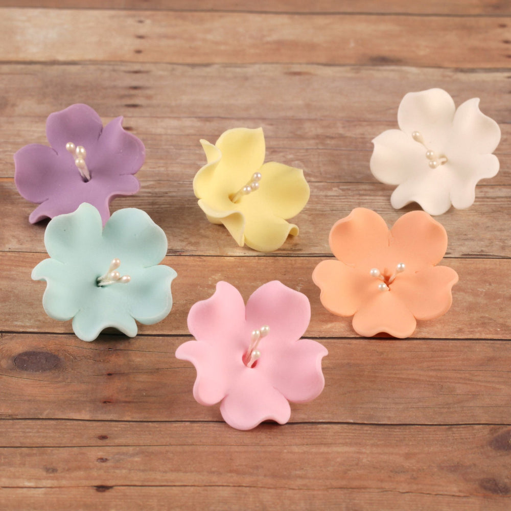 Mixed Colors of Gumpaste Fruit Blossoms cake toppers and cupcake toppers perfect for cake decorating rolled fondant cakes.