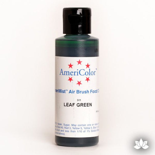 Leaf Green AmeriMist Air Brush Color 4.5 oz is a highly concentrated air brush color perfect for coloring non-dairy whipped icing, toppings, rolled fondant, gum paste flowers, and buttercream. Wholesale edible air brush color.
