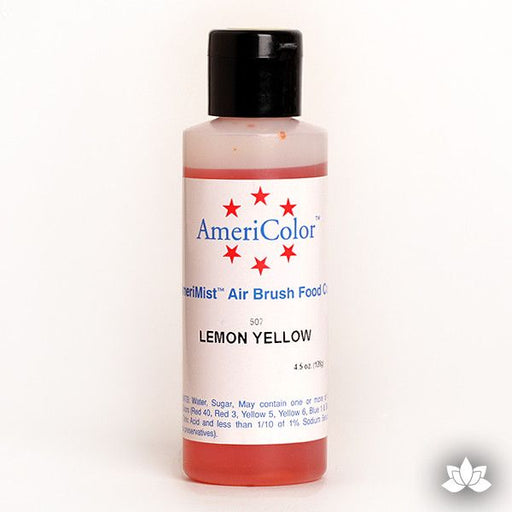Lemon Yellow AmeriMist Air Brush Color 4.5 oz is a highly concentrated air brush color perfect for coloring non-dairy whipped icing, toppings, rolled fondant, gum paste flowers, and buttercream. Wholesale edible air brush color.