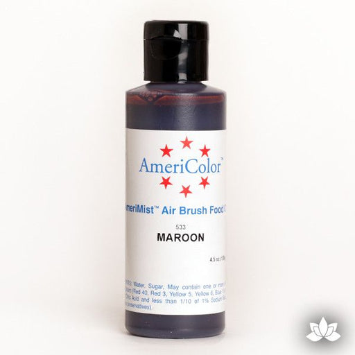 Maroon AmeriMist Air Brush Color 4.5 oz is a highly concentrated air brush color perfect for coloring non-dairy whipped icing, toppings, rolled fondant, gum paste flowers, and buttercream. Wholesale edible air brush color.