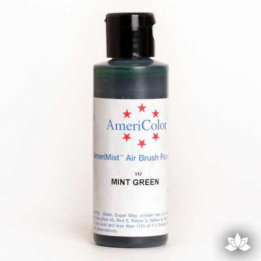 Mint Green AmeriMist Air Brush Color 4.5 oz is a highly concentrated air brush color perfect for coloring non-dairy whipped icing, toppings, rolled fondant, gum paste flowers, and buttercream. Wholesale edible air brush color.