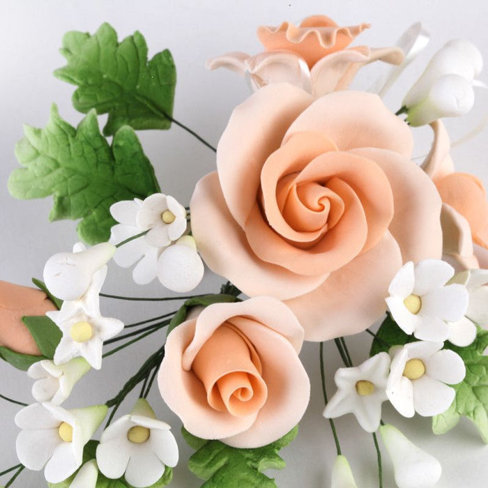 Large Peach Gumpaste Rose & Orchid Spray SugarFlower cake topper perfect for cake decorating fondant cakes, wedding cakes, and cupcakes.  Wholesale cake decorations supply.