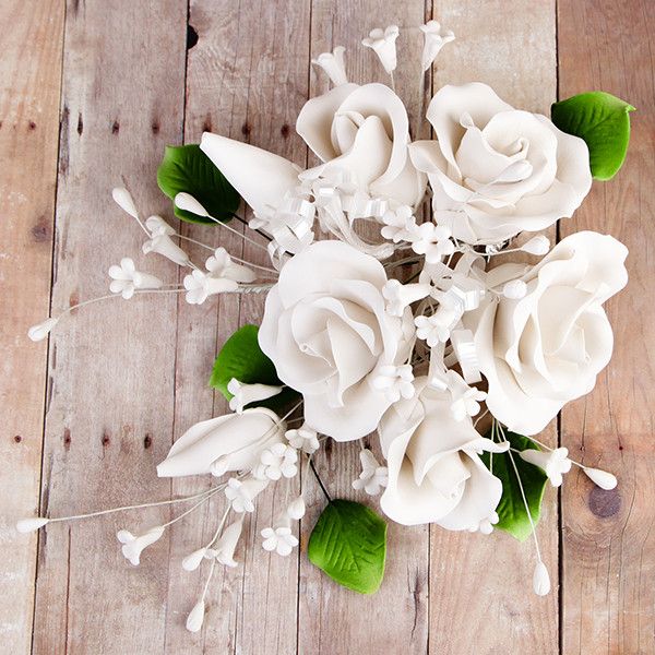 Garden Rose Sprays in White are gumpaste sugarflower cake decorations perfect as cake toppers for cake decorating fondant cakes and wedding cakes. Caljava wholesale cake supply.