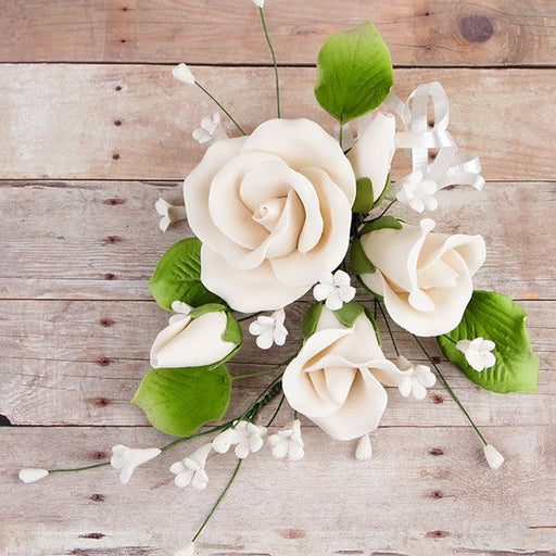 Trio Garden Rose Sprays in Ivory are gumpaste sugarflower cake decorations perfect as cake toppers for cake decorating fondant cakes and wedding cakes. Caljava wholesale cake supply.
