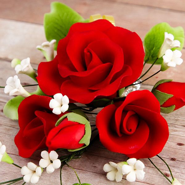 Trio Garden Rose Sprays in Red are gumpaste sugarflower cake decorations perfect as cake toppers for cake decorating fondant cakes and wedding cakes. Caljava wholesale cake supply.
