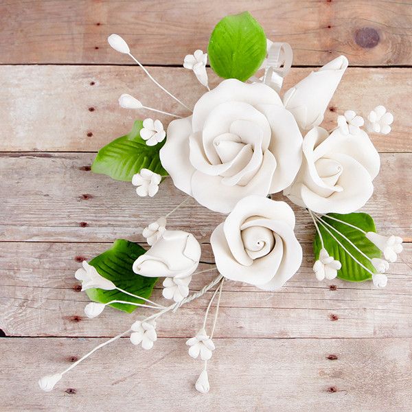 Trio Garden Rose Sprays in White are gumpaste sugarflower cake decorations perfect as cake toppers for cake decorating fondant cakes and wedding cakes. Caljava wholesale cake supply.