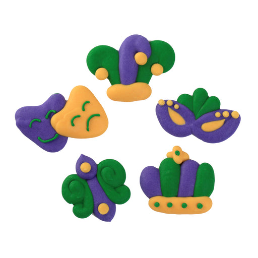 Mardi Gras Royal Icing Toppers for decorating your own chocolates, candy, cookies, cupcakes, cakes, and brownies.  Edible chocolate decorations by Caljava for chocolate makers on Fat Tuesday and Mardi Gras.