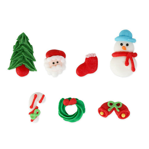 Mini Christmas Set Royal Icing Decorations are the perfect ready-to-use toppers for chocolates, candy, cupcakes, and more. Featuring Christmas Tree, Santa Face, Christmas Stocking, Snowman, Candy Cane, Christmas Wreath, and Holiday Bells by Caljava