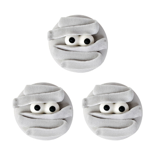 Mummy Halloween Edible Royal Icing Toppers great for decorating cupcakes, cookies, cakes, candy and chocolates.  Great for decorating Halloween cakes, cupcakes, cookies, candy and more. Can even be Zombie heads.