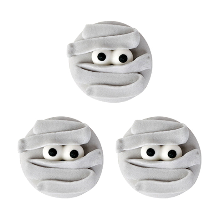 Mummy Halloween Edible Royal Icing Toppers great for decorating cupcakes, cookies, cakes, candy and chocolates.  Great for decorating Halloween cakes, cupcakes, cookies, candy and more. Can even be Zombie heads.
