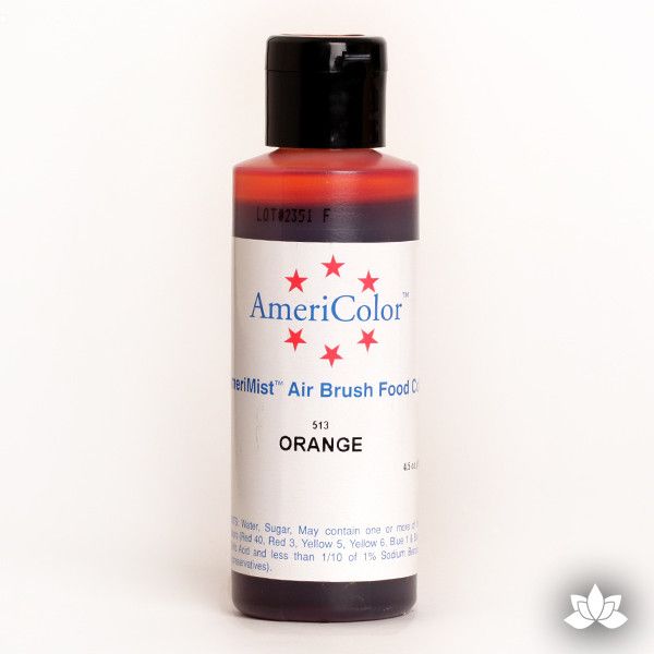 Orange AmeriMist Air Brush Color 4.5 oz is a highly concentrated air brush color perfect for coloring non-dairy whipped icing, toppings, rolled fondant, gum paste flowers, and buttercream. Wholesale edible air brush color.