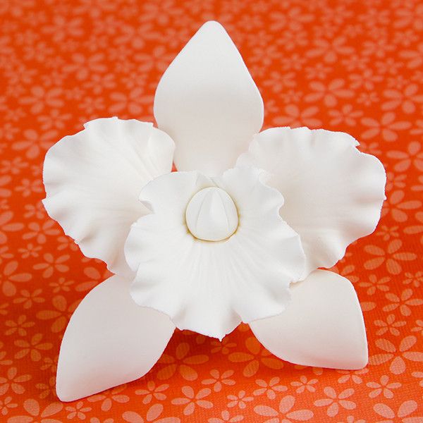 Medium Cattleya Orchids in White are gumpaste sugarflower cake decorations perfect as cake toppers for cake decorating fondant cakes and wedding cakes. Caljava wholesale cake supply.