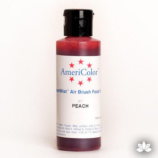 Peach AmeriMist Air Brush Color 4.5 oz is a highly concentrated air brush color perfect for coloring non-dairy whipped icing, toppings, rolled fondant, gum paste flowers, and buttercream. Wholesale edible air brush color.