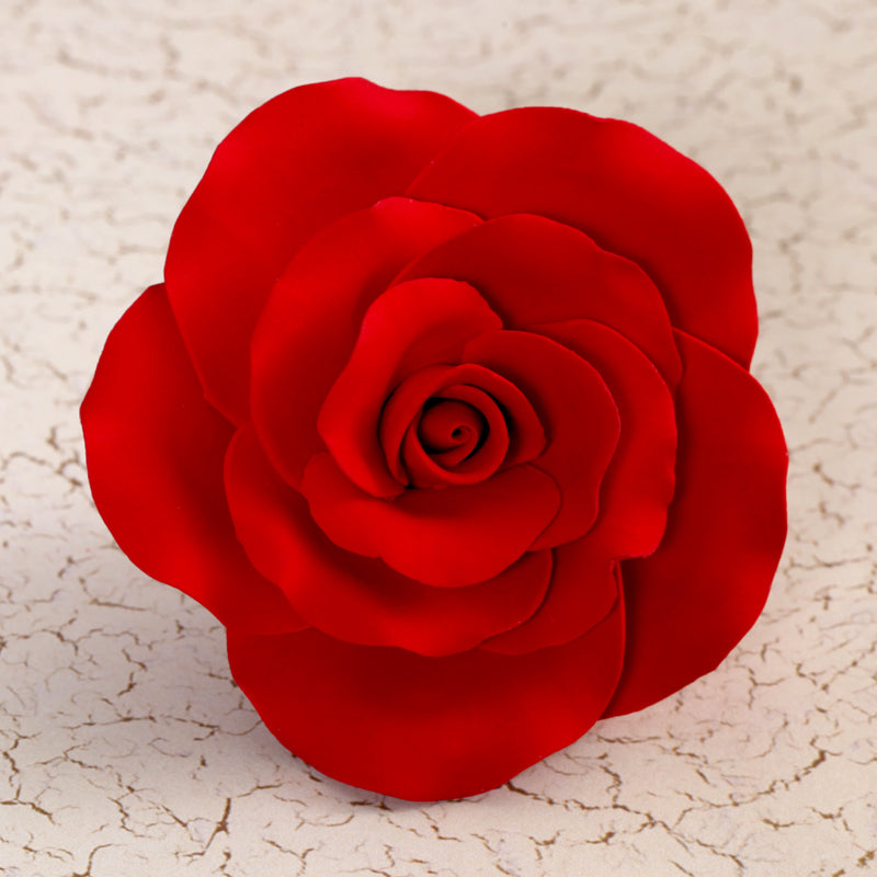 Gum paste rose sugar flower cake toppers great for decorating your own cake. Professional-quality red garden rose gumpaste sugar flower for cake shops and decorators