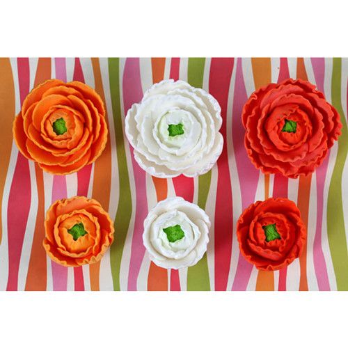 Mixed color Gumpaste Ranunculus sugarflower handmade cake decoration perfect as a cake topper for cake decorating fondant cakes.  Wholesale sugarflowers and bakery supply.