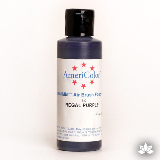 Regal Purple AmeriMist Air Brush Color 4.5 oz is a highly concentrated air brush color perfect for coloring non-dairy whipped icing, toppings, rolled fondant, gum paste flowers, and buttercream. Wholesale edible air brush color.